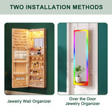 HNEBC LED Mirror Jewelry Cabinet with RGB Lights,47.2" Wall Mounted Jewelry Organizer with Full-Length Mirror,Over The Door Hanging Jewelry Armoire Storage Cabinet,Folding Dresser,2 Drawers,Lockable HNEBC