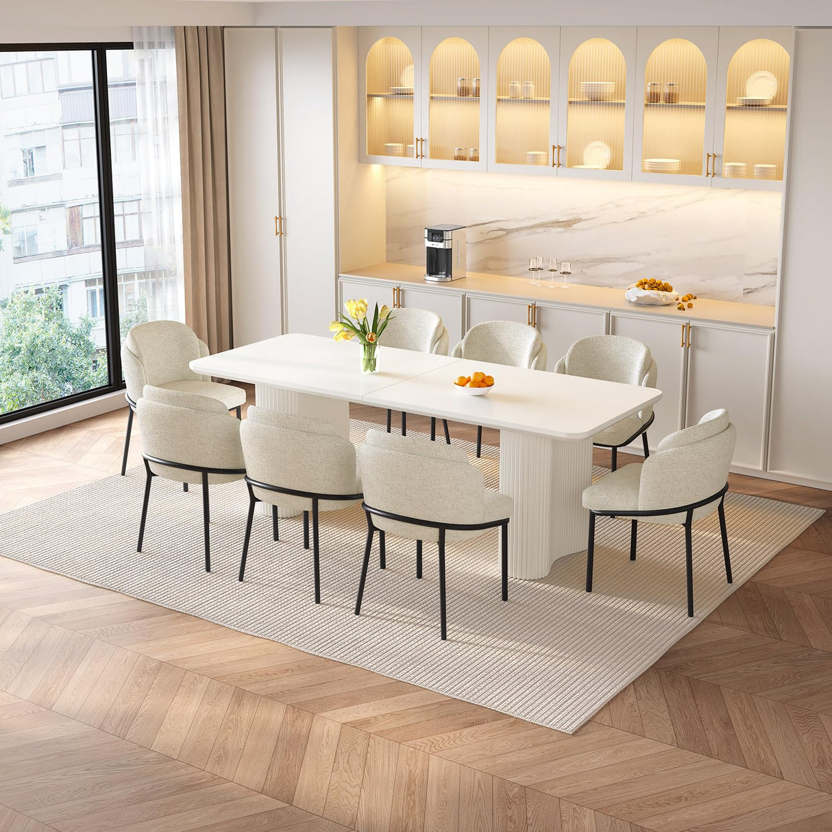 TreLined 9-Piece Dining Table Set for 8, 78.97" Rectangular Kitchen Table with 8 Chairs, Kitchen & Dining Room Sets with Waved Legs for Home, Apartment, White TreLined