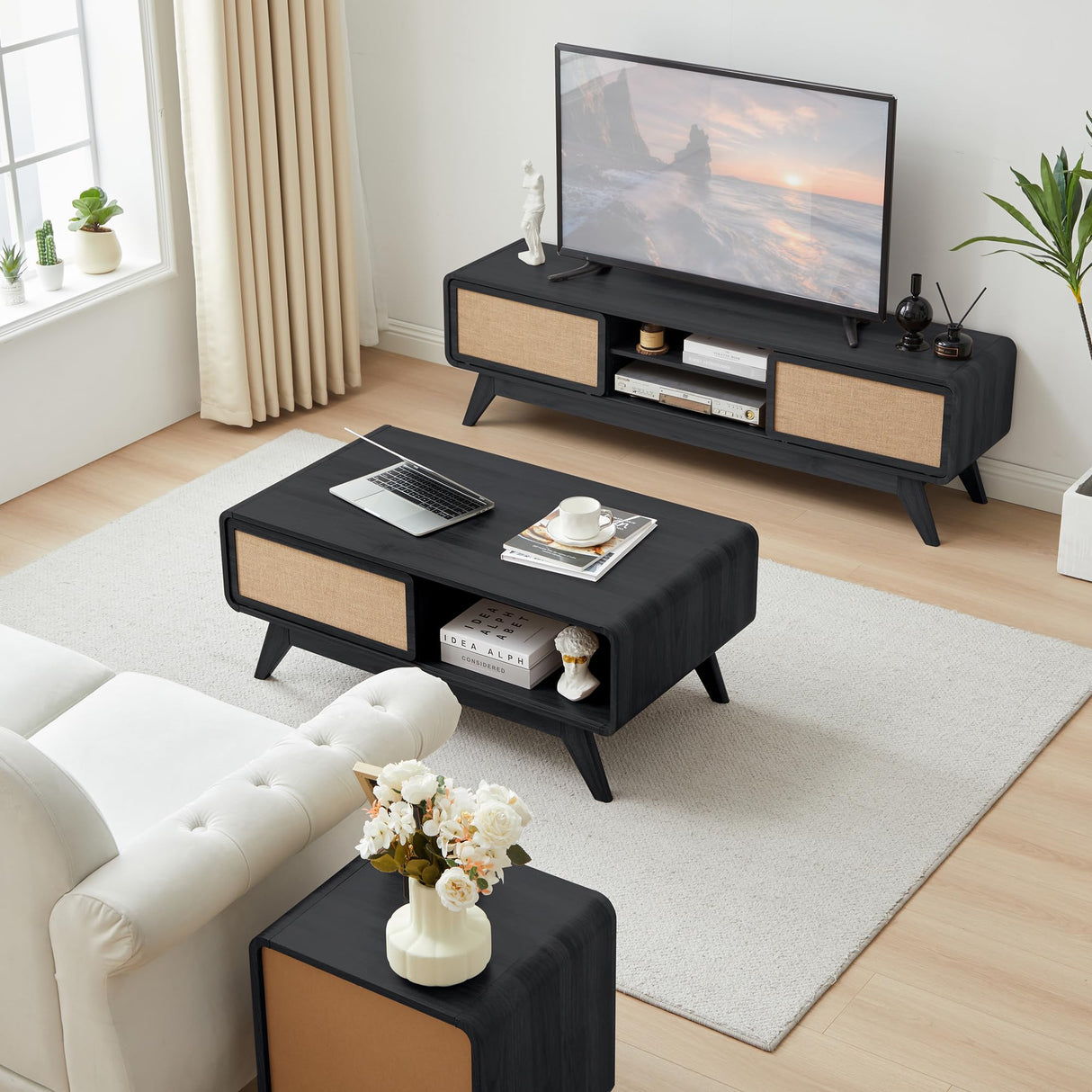 AVZEAR Mid Century Modern Coffee Table with Storage, Farmhouse Coffee Table Accent Center Tables with Sliding Linen Door Panel, Dining Table Centerpiece Decor Wood Coffee Table for Living Room, Black AVZEAR