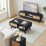 AVZEAR Mid Century Modern Coffee Table with Storage, Farmhouse Coffee Table Accent Center Tables with Sliding Linen Door Panel, Dining Table Centerpiece Decor Wood Coffee Table for Living Room, Black AVZEAR