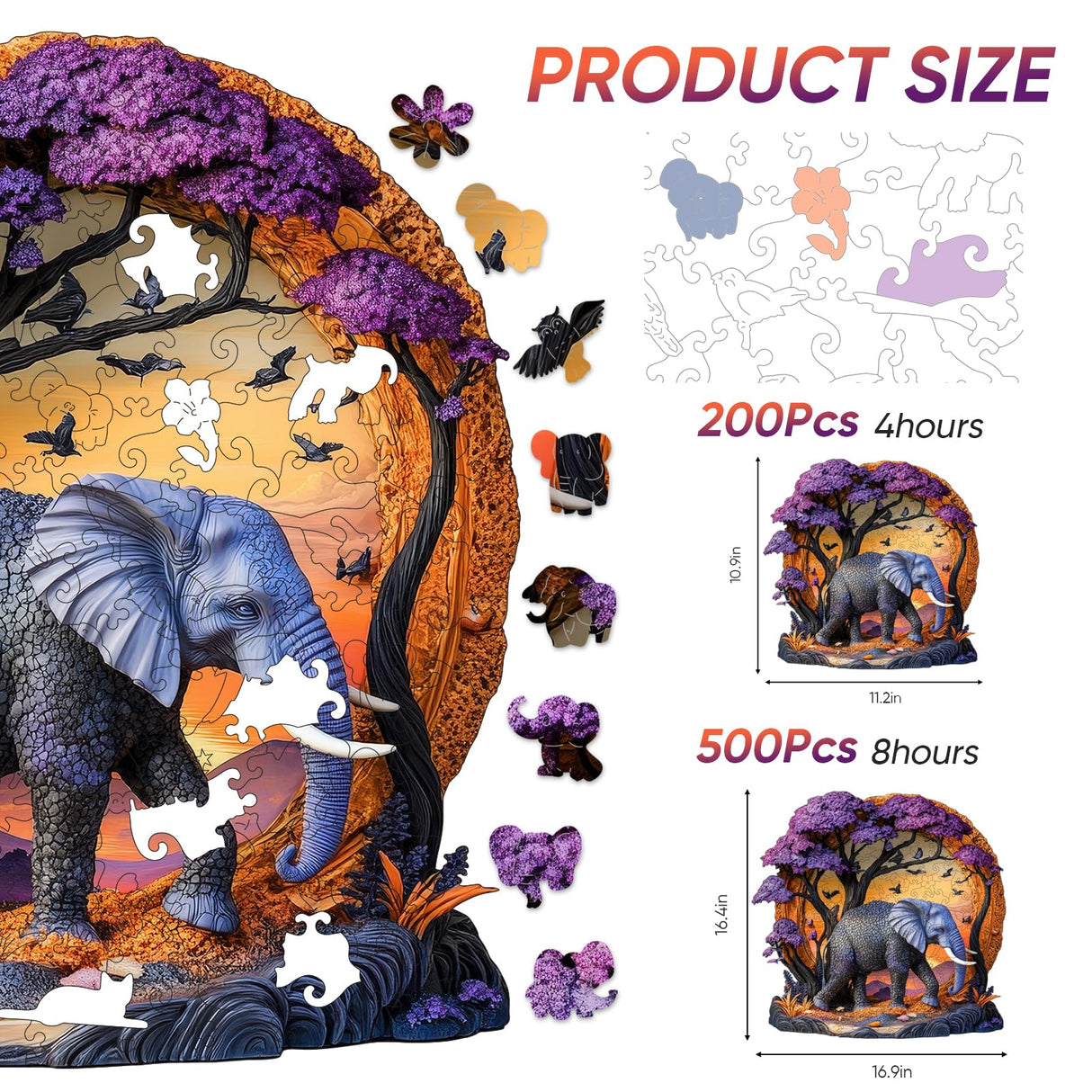 Wooden Puzzle for Adults 200 Pcs, 3D Vision Effect Elephant Forest Puzzle Unique Shape Advanced Jigsaw Puzzle, Challenge Wooden Jigsaw Puzzle for Family Game (11.2 x 10.9 in) Qiuenisray