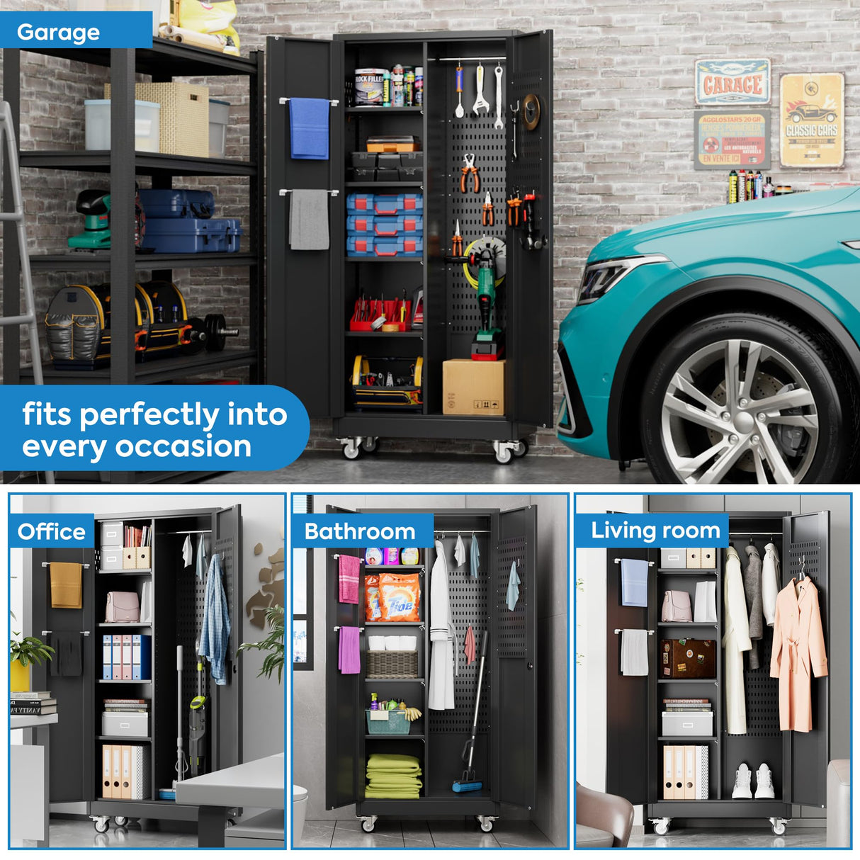 Broom Closet Storage Cabinet with Wheels and Pegboard,Garage Storage Cabinet with Lockable and Magnetic Doors,Adjustable Shelves for Garage Home Office,Required Assembly,17.7"D*33.5"W*70.87"H Reemoon