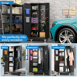 Broom Closet Storage Cabinet with Wheels and Pegboard,Garage Storage Cabinet with Lockable and Magnetic Doors,Adjustable Shelves for Garage Home Office,Required Assembly,17.7"D*33.5"W*70.87"H Reemoon