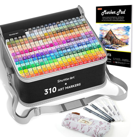 Shuttle Art 310 Colors Alcohol Markers, 309 Colors Dual Tip Art Marker Set Plus Colorless Blender, Micro-tip Pens, White Highlighter Pens, Marker Bag with Holders Perfect for Students Adults Coloring Shuttle Art