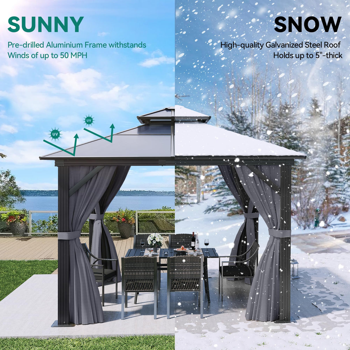 YITAHOME 10x10FT Gazebo Polycarbonate Hardtop Double Roof Canopy Outdoor with Netting and Shaded Curtains, Aluminum Frame Garden Tent for Patio, Backyard, Deck and Lawns, Grey YITAHOME