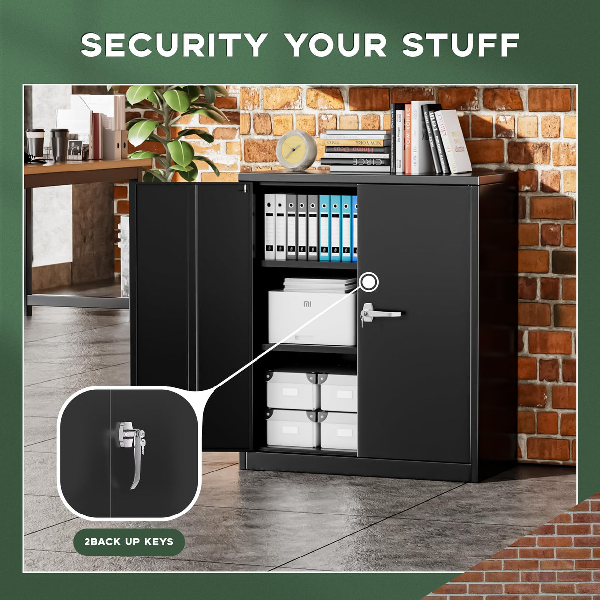 Greenvelly Metal Storage Cabinet, 42" Metal Locking Cabinet with Doors and 2 Adjustable Shelves, Black Steel Cabinet with Lock for Office, Garage, Home, School Greenvelly