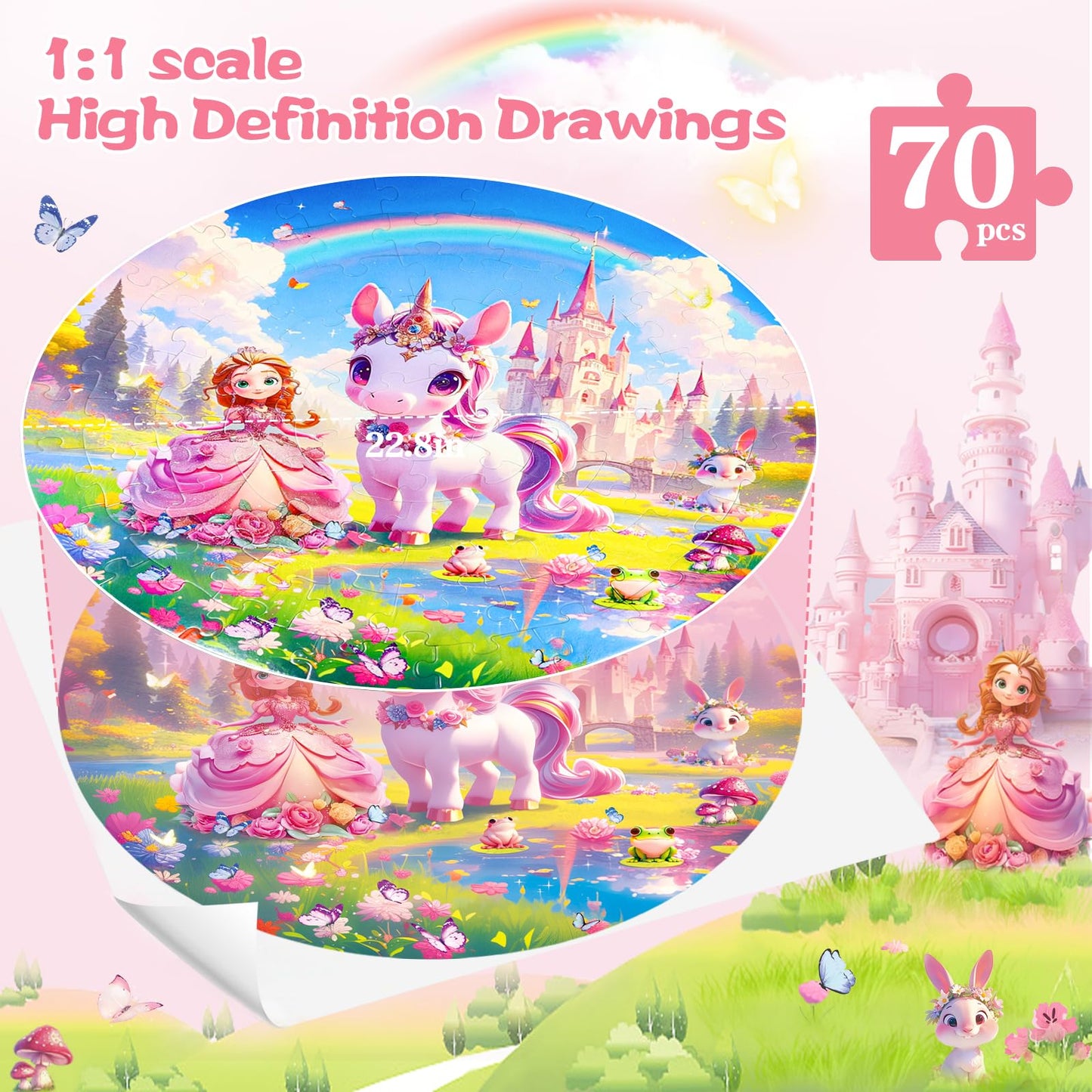 DIGOBAY Floor Puzzles for Kids Ages 4-6, 70 Pieces Large Round Unicorn Princess Floor Puzzle Unicorn Jigsaw Puzzle Toy for 3 4 5 6 Toddler Girls - Educational Christmas, Birthday Gift