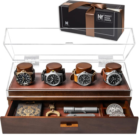 Holme & Hadfield Premium 4-Slot Wooden Watch Display Case – Handcrafted Men’s Watch Box with Accessory Drawer, Hinged Cover, Leather Lining – Father's Day Gift for Collectors – Luxury Built to Last Holme & Hadfield