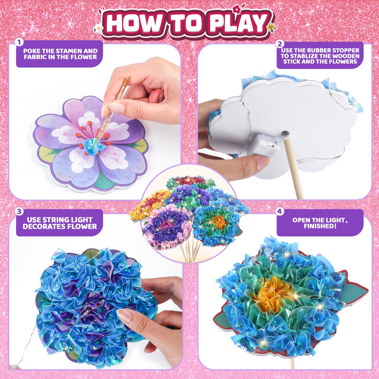 Flower Bouquet Art Craft Kit, Poke DIY Creative Activity Kit with with 6 Flowers & 6 Light Strings, Mess-Free Fun for Girls & Boys, Fun & Educational Kids Craft Gift for Girls Boys Ages 4, 5, 6, 7, 8+ Fortand
