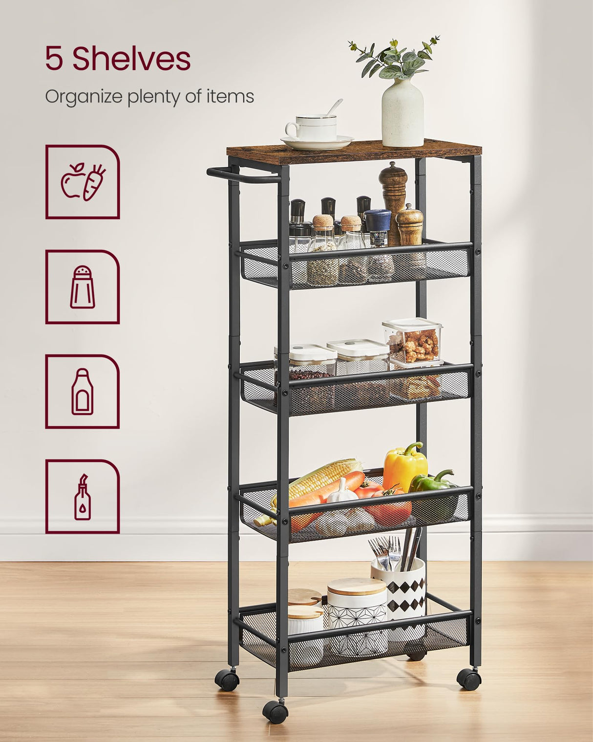 VASAGLE Slim Rolling Cart, 5-Tier Storage Cart, Narrow Cart with Handle, 8.7 Inches Deep, Metal Frame, for Kitchen, Dining Room, Living Room, Home Office, Rustic Brown and Classic Black ULRC035B01 VASAGLE
