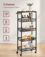 VASAGLE Slim Rolling Cart, 5-Tier Storage Cart, Narrow Cart with Handle, 8.7 Inches Deep, Metal Frame, for Kitchen, Dining Room, Living Room, Home Office, Rustic Brown and Classic Black ULRC035B01 VASAGLE