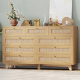AOGLLATI Rattan Dresser for Bedroom with 9 Drawer, Modern Wooden Long Bedroom Dresser, Chest of Drawers with Metal Handle & Solid Wood Legs for Bedroom/Living Room, Wood AOGLLATI