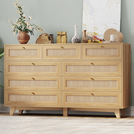 AOGLLATI Rattan Dresser for Bedroom with 9 Drawer, Modern Wooden Long Bedroom Dresser, Chest of Drawers with Metal Handle & Solid Wood Legs for Bedroom/Living Room, Wood AOGLLATI