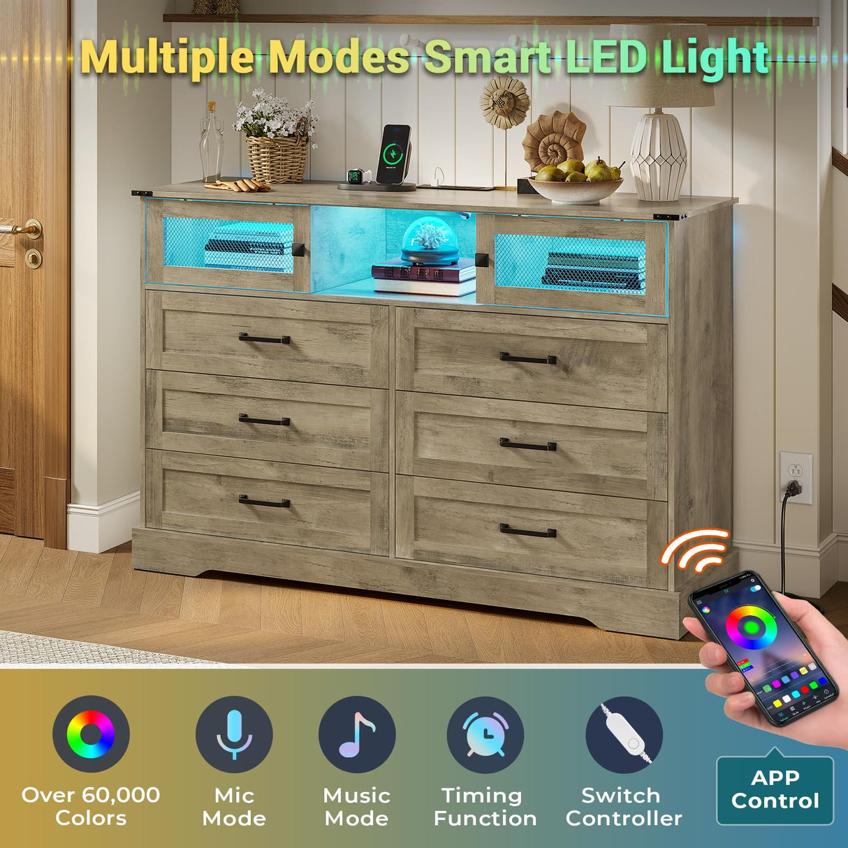 Hasuit 6 Drawers Dresser with LED Lights and Charging Station, Farmhouse Chest of Drawers Closet Organizer, Clothes Storage Cabinet Double Dressers for Bedroom, Living Room, Hallway, Rustic Oak Hasuit