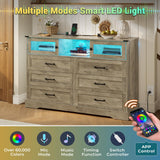 Hasuit 6 Drawers Dresser with LED Lights and Charging Station, Farmhouse Chest of Drawers Closet Organizer, Clothes Storage Cabinet Double Dressers for Bedroom, Living Room, Hallway, Rustic Oak Hasuit