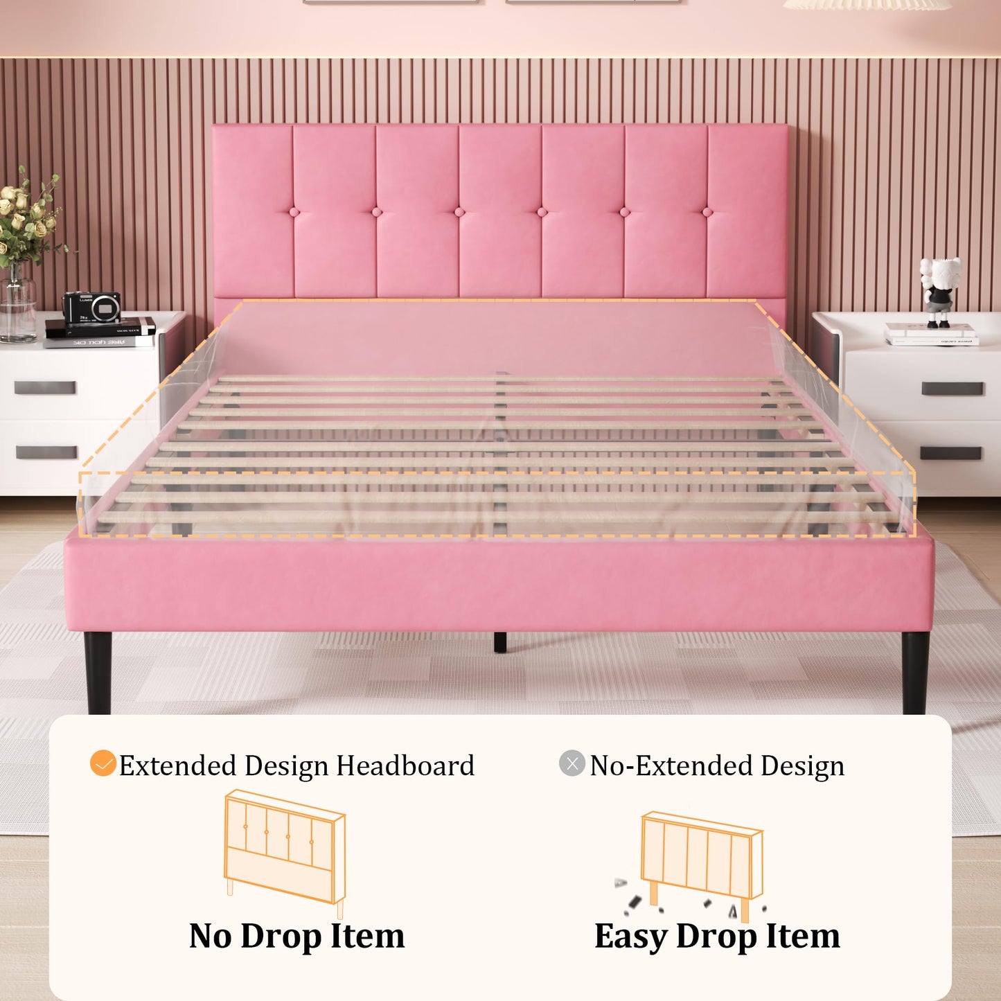 UNIZONE Queen Bed Frame with Button Tufted Headboard, Velvet Upholstered Platform Bed Frame, Mattress Foundation with Wooden Slat Support, Noise Free, No Box Spring Needed, Easy Assembly, Pink