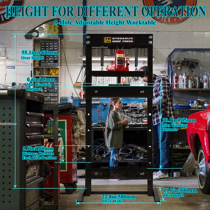 Hydraulic Press Shop Press 20 Ton Garage Floor Hydraulic Shop Press with Adjustable Working Table Heigh Plates - WoodArtSupply