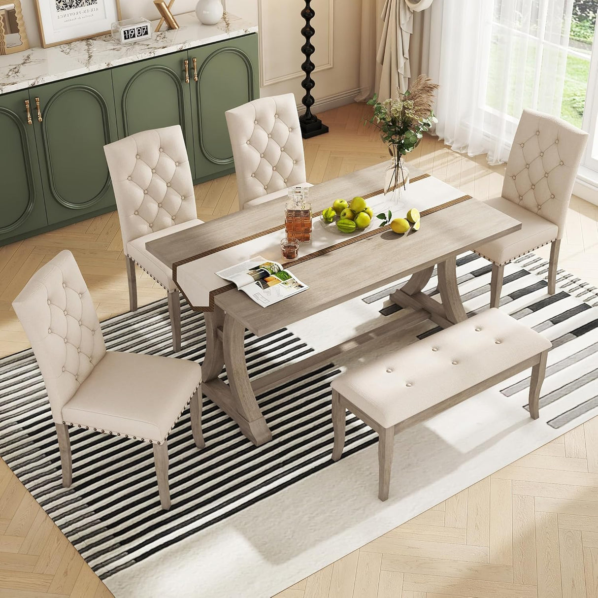 Farmhouse Dining Table Set for 6, Kitchen Table Set with Chairs and Bench, 6 Piece Solid Wood Dining Room Set with Trestle Table Legs for Kitchen, Dining Room (Natural Wood Wash) Mirightone