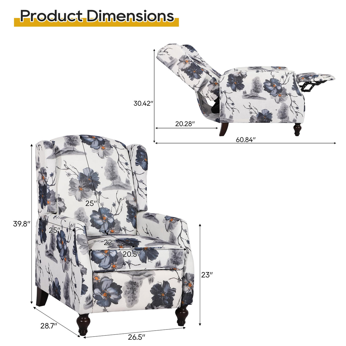 GUEAPY Mid-Century Modern Wingback Recliner Chair, Upholstered Push-Back Manual Recliner for Adults, Floral Accent Chair with Solid Wood Legs for Living Room & Bedroom, Blue GUEAPY