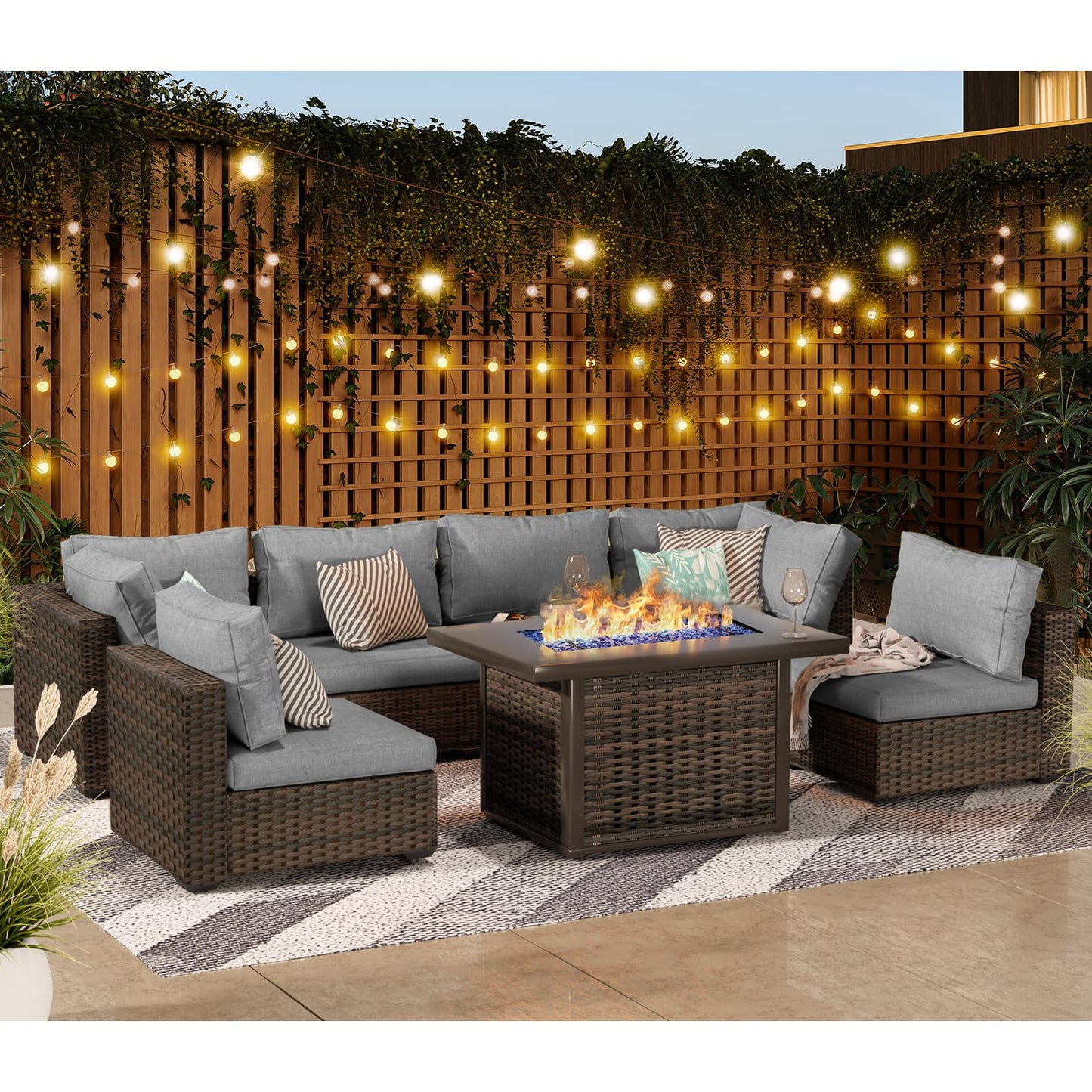 Patio Furniture Set with Fire Pit Table, 11 Pieces PE Rattan Wicker Outdoor Sectional Conversation Sofa Set with Non-Slip Cushions and Waterproof Covers Grey