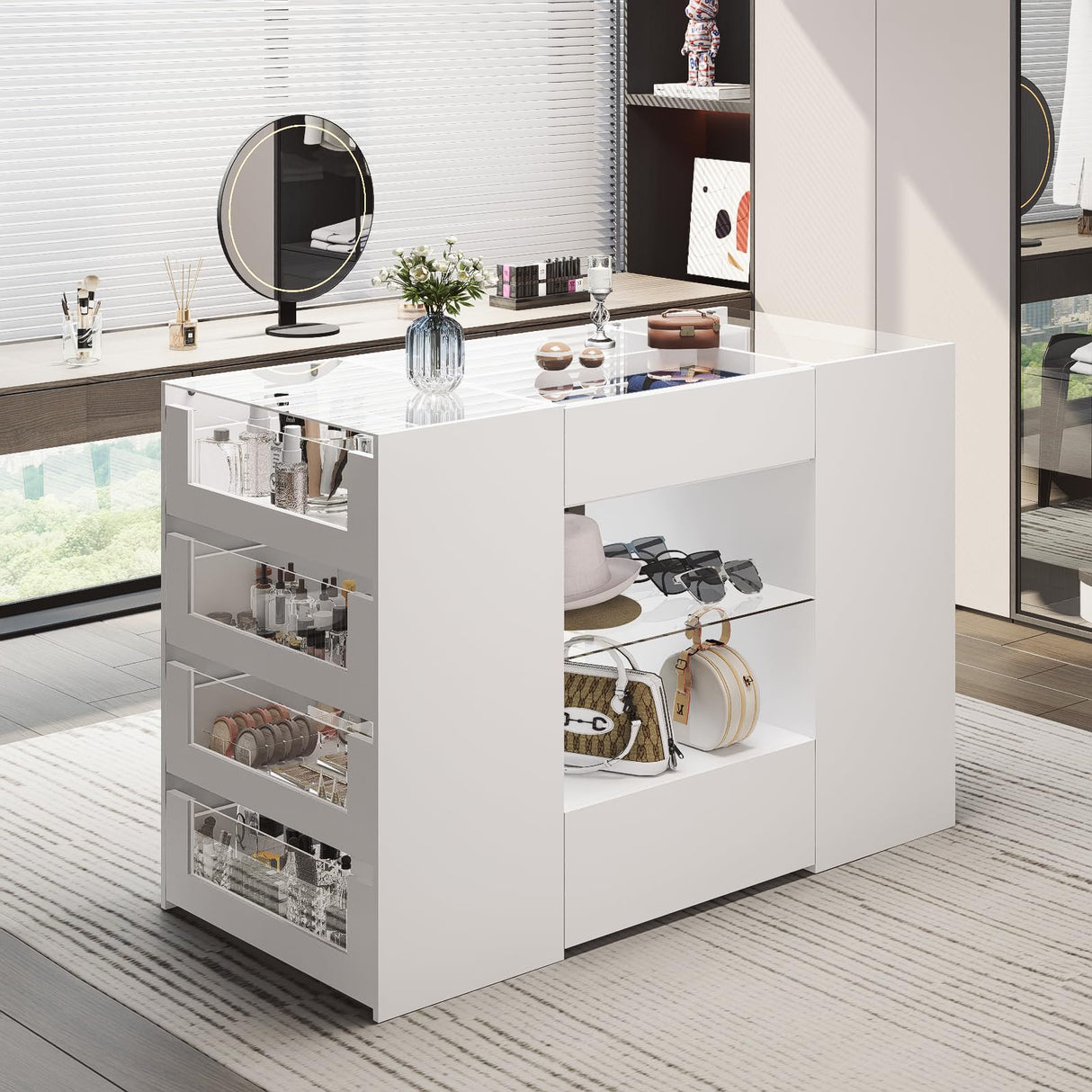 LIVAUVEAD Closet Island with Drawers, Wardrobe Armoire Bedroom Island, Glass Display Shelf & 12 Drawers, White Dresser with Glass Top, Walk-in Closet Island for Bedroom, Cloakroom LIVAUVEAD