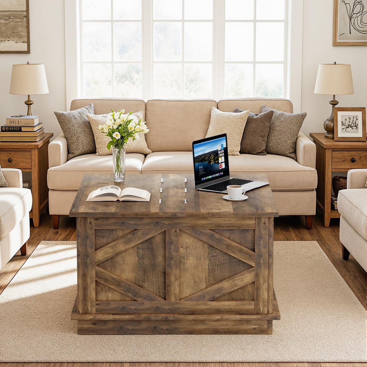 YESHOMY 31.5 inch Farmhouse Coffee Table, Coffee Tables for Living Room, Center Table with Flip-Top Lids, Large Storage Space (Brown) YESHOMY