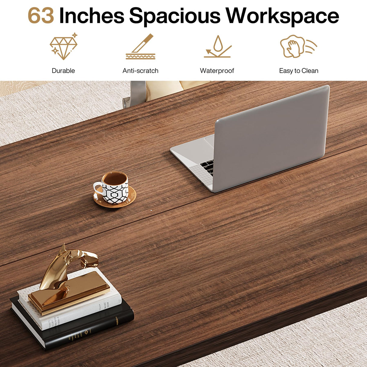 Tribesigns 63-Inch Executive Desk, Large Office Computer Desk with Solid Wood Legs, Simple Farmhouse Study Writing Desk Workstation, Conference Table Business Furniture for Home Office, Brown Tribesigns