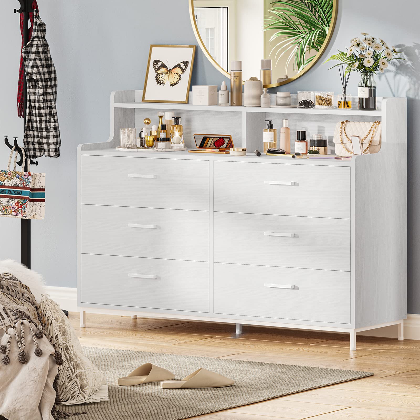 Hasuit 6 Drawers Double Dresser with Shelves, Large Wooden Storage Tower Organizer, Wide Chest of Drawers, White Dresser for Bedroom, Living Room, Entryway - WoodArtSupply