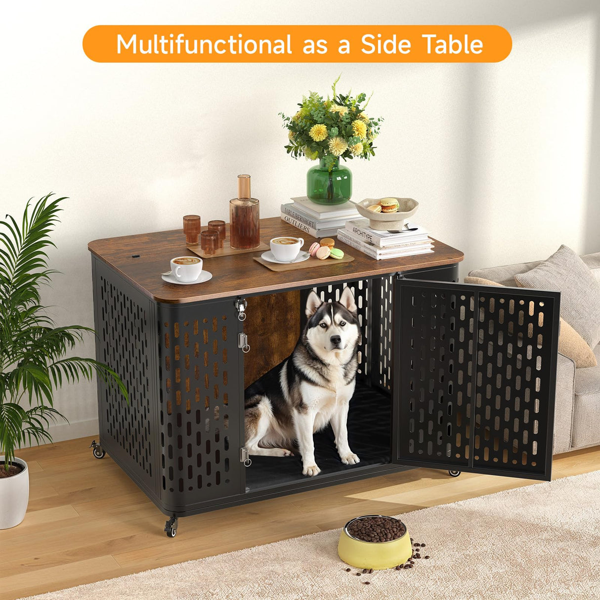 ONBRILL Dog Crate Furniture for Large and Medium Dogs, 43.7 Inch Dog Crate with Cushion & Wheels, Decorative End Table Pet House for Large/Medium/Small Dog, Rustic Brown ONBRILL