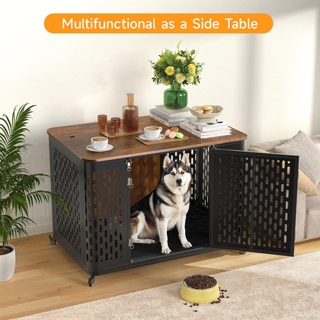 ONBRILL Dog Crate Furniture for Large and Medium Dogs, 43.7 Inch Dog Crate with Cushion & Wheels, Decorative End Table Pet House for Large/Medium/Small Dog, Rustic Brown ONBRILL