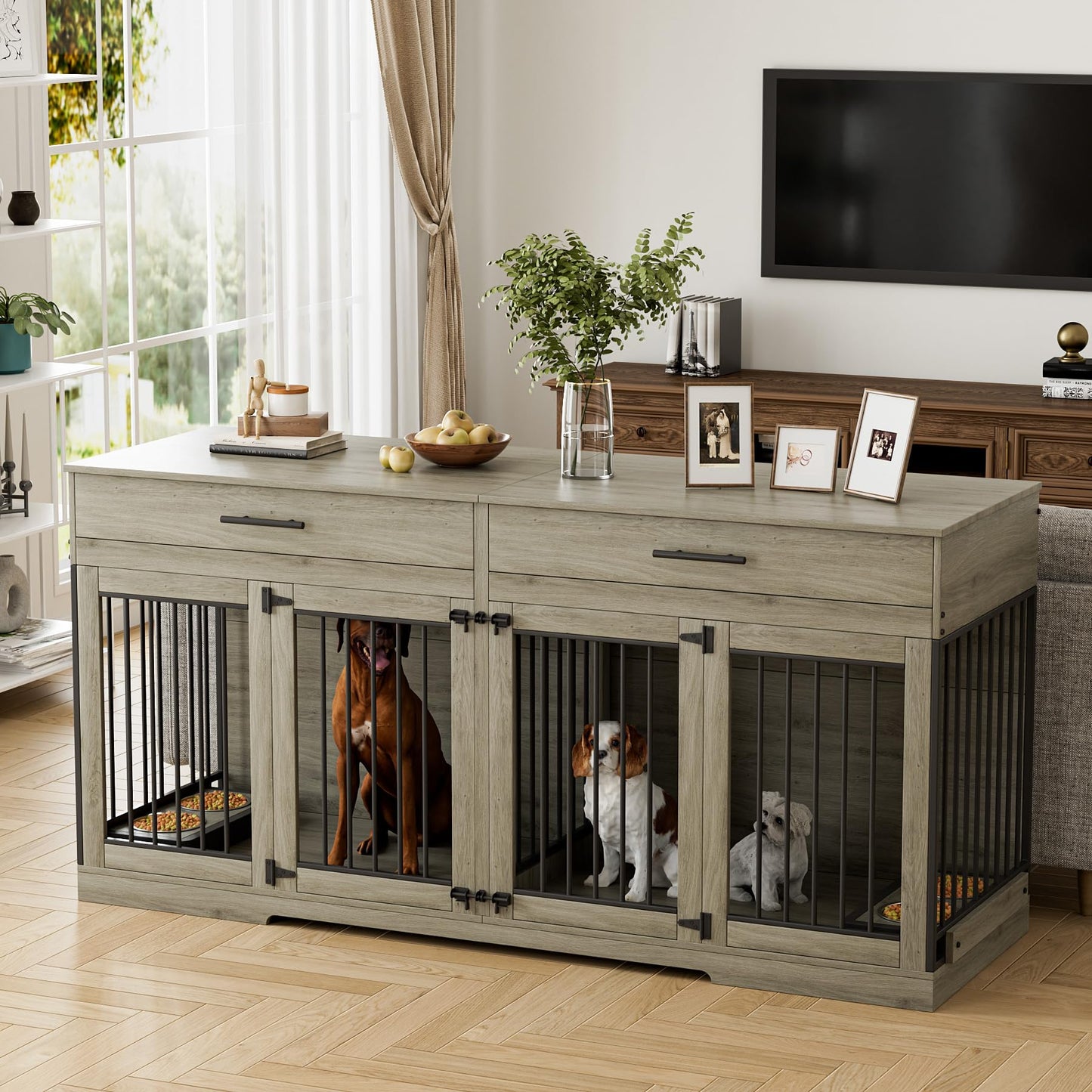 Rophefx Large Dog Crate Furniture for 2 Dogs, 72" Double Dog Kennel Indoor Furniture with 2 Storage Drawers and Removable Divider, Wooden Dog Cage with 4 Bowls, Dog House TV Stand, Rustic Grey