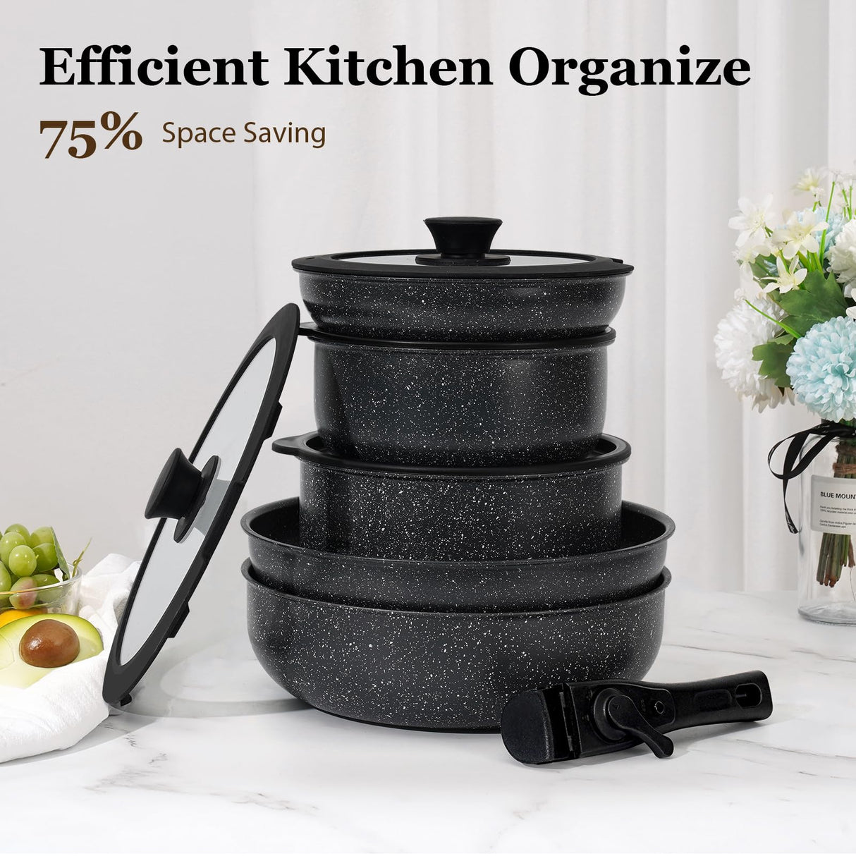 SODAY 15Pcs Pots and Pans Set Non Stick, Cookware Sets with Detachable Handle, Nonstick RV Kitchen Cooking Tools Removable Handles, Oven Safe, Induction Fast, Stackable Induction Cookware,Black SODAY