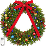 48 Inch Christmas Wreath, Pre Lit Christmas Wreath with 200 Lights, Red Bow, Ornament Balls, Remote Control, 11 Light Modes, Giant Christmas Wreaths Perfect for Garage Porch Roof Fireplace Outdoor colorspec