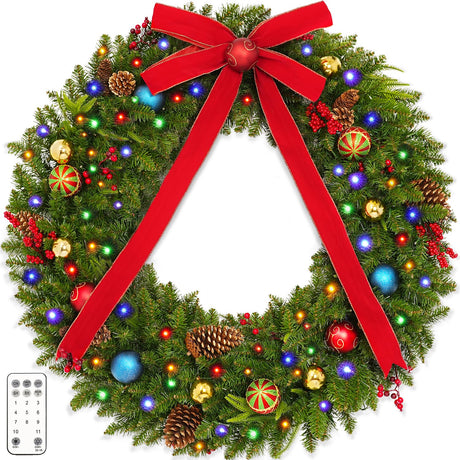48 Inch Christmas Wreath, Pre Lit Christmas Wreath with 200 Lights, Red Bow, Ornament Balls, Remote Control, 11 Light Modes, Giant Christmas Wreaths Perfect for Garage Porch Roof Fireplace Outdoor colorspec