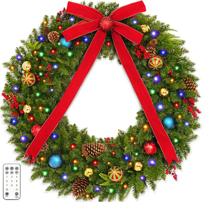 48 Inch Christmas Wreath, Pre Lit Christmas Wreath with 200 Lights, Red Bow, Ornament Balls, Remote Control, 11 Light Modes, Giant Christmas Wreaths Perfect for Garage Porch Roof Fireplace Outdoor