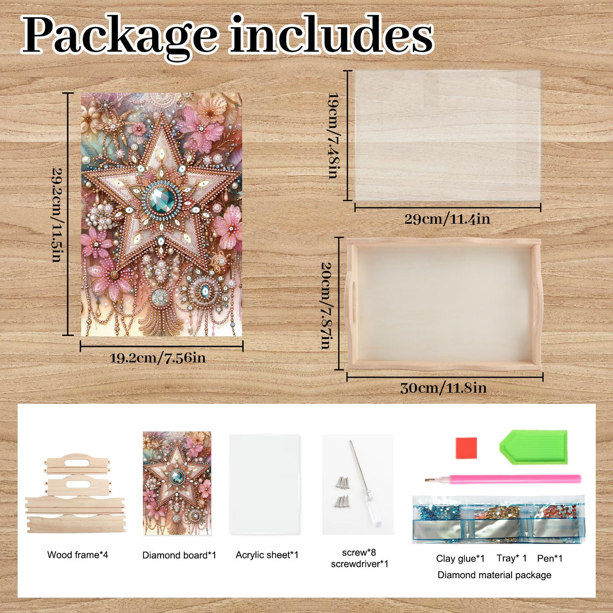 DIY Diamond Art Tray with Handle Diamond Art Painting Plate Creative Design Handmade Wooden Tray Mosaic Making Kits by Number Kits Diamond Art for Coffee Living Room Home Organizer (Five-Pointed Star) AiYuanzsh