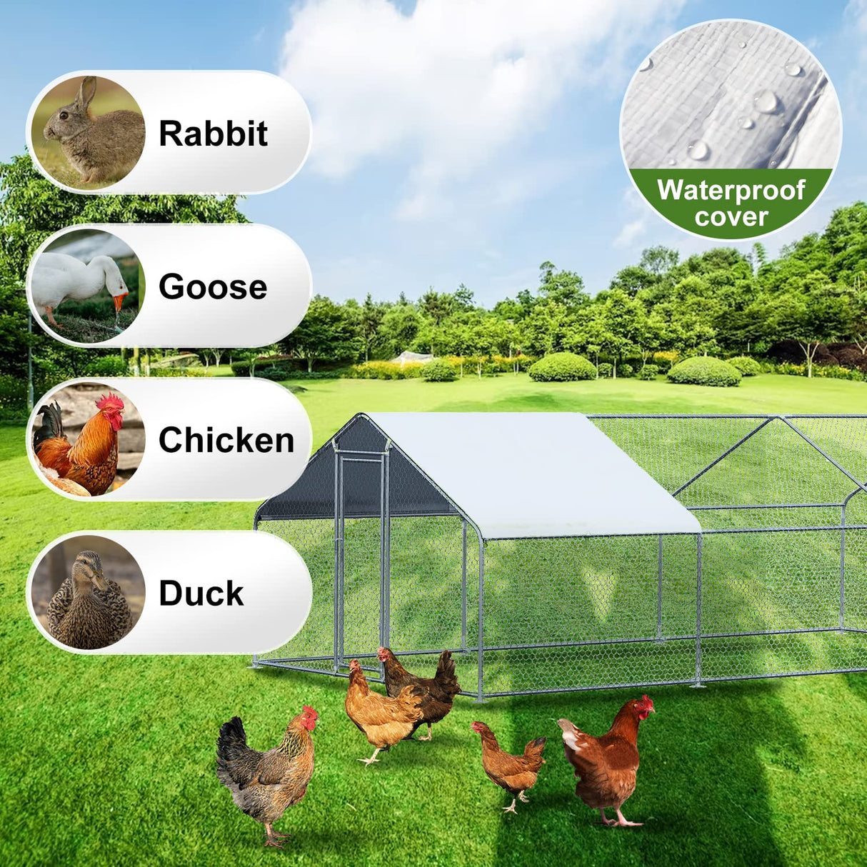 Chicken Coop Large Metal Chicken House Chicken Pen Outdoor for 40 Chickens Poultry Cage with Waterproof Cover for Rabbits Duck Walk-in Chicken Runs for Yard with Cover Outdoor CHIKENCOOP