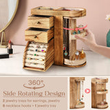 BNING Wood Jewelry Box, Solid Wooden Rotating Jewelry Box Organizer for Women, Gifts for Girls - 4 Layer Rustic Small Jewelry Organizer Box with 3 Drawers for Necklace Ring Earring Bracelet BNING
