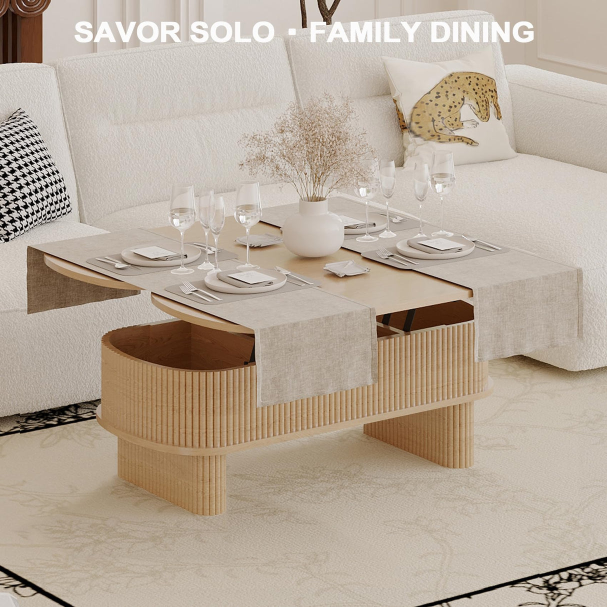 Lift Top Coffee Table with Large Storage,Lifting Converts to Dining Table, Round Pop Up Coffee Table Fluted Oval Wood Center Table For Living Room,Fully Assembled Space-Saving for Eating&Laptops DGpoco