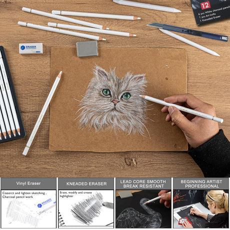 Brusarth White Charcoal Pencils Set - 12 Piece White Colored Pencils for Drawing, Sketching, Shading, Blending, White Chalk Pencils for Kid, Beginners & Pro Artists Brusarth