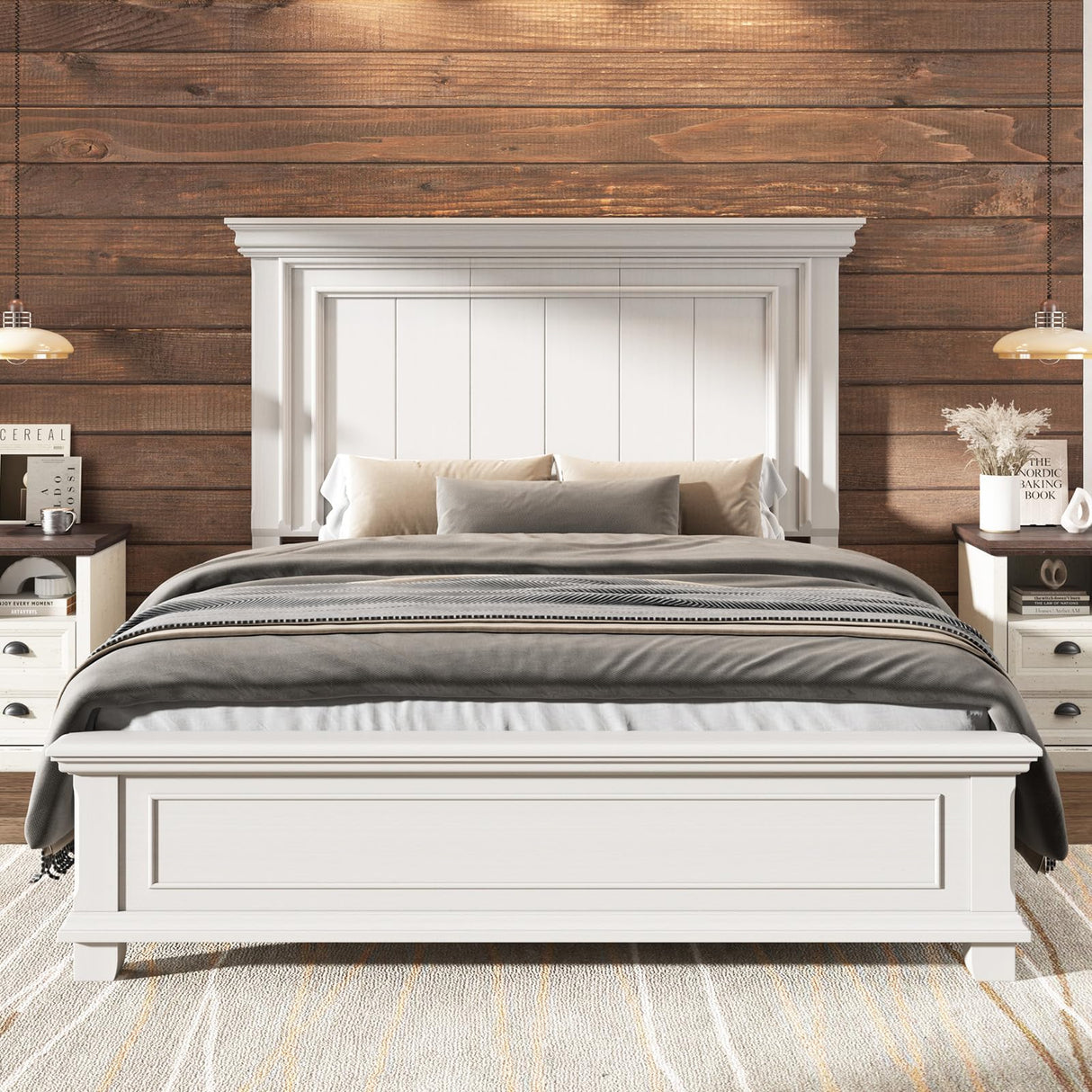 AMERLIFE Queen Size Solid Wood Platform Bed Frame, 62" Tall Farmhouse Headboard, Distressed White Finish, Noise-Reduction Design, Easy Assembly, No Box Spring Needed AMERLIFE