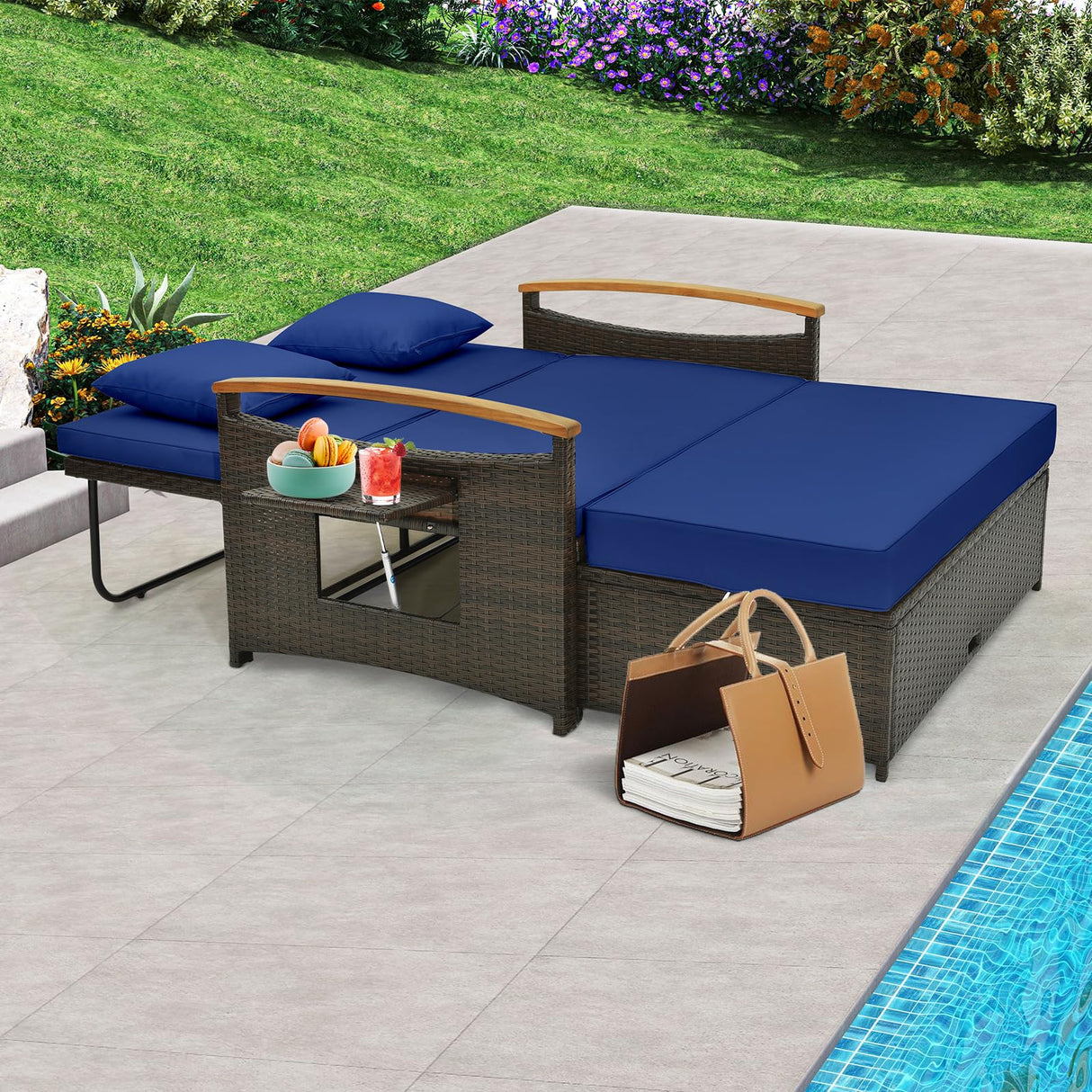 Tangkula Patio Rattan Daybed Set with Cushioned Loveseat and Storage Ottoman, Outdoor Double Chaise Lounger with 4-Level Adjustable Backrest and Retractable Side Trays for Backyard (Navy) Tangkula
