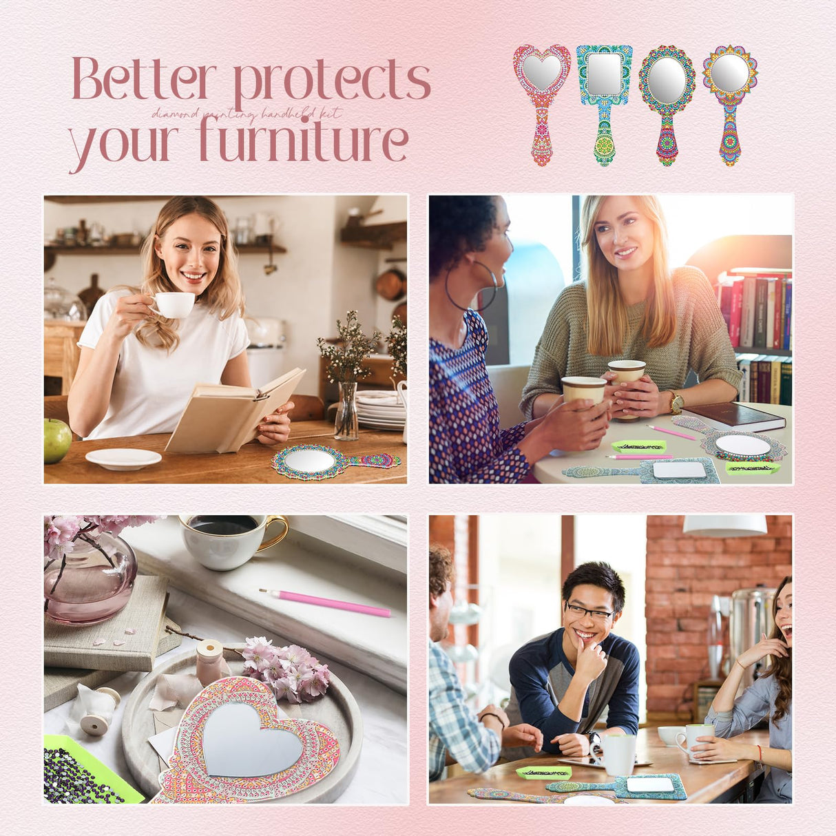 Threehoney 4 Pcs Diamond Painting Mirror Handheld Kits Valentine Christmas Art Gifts Compact Decorate Your Own Mirror for Hand DIY Crafts Threehoney