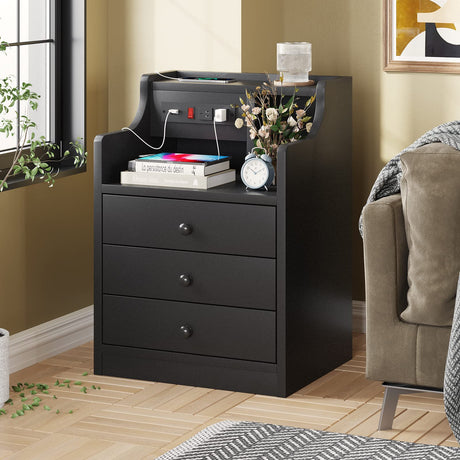 ADORNEVE Night Stand Set 2,Black Nightstand with Charging Station & Hutch,Night Stands for Bedrooms Set of 2,Bedside Table with Drawers ADORNEVE