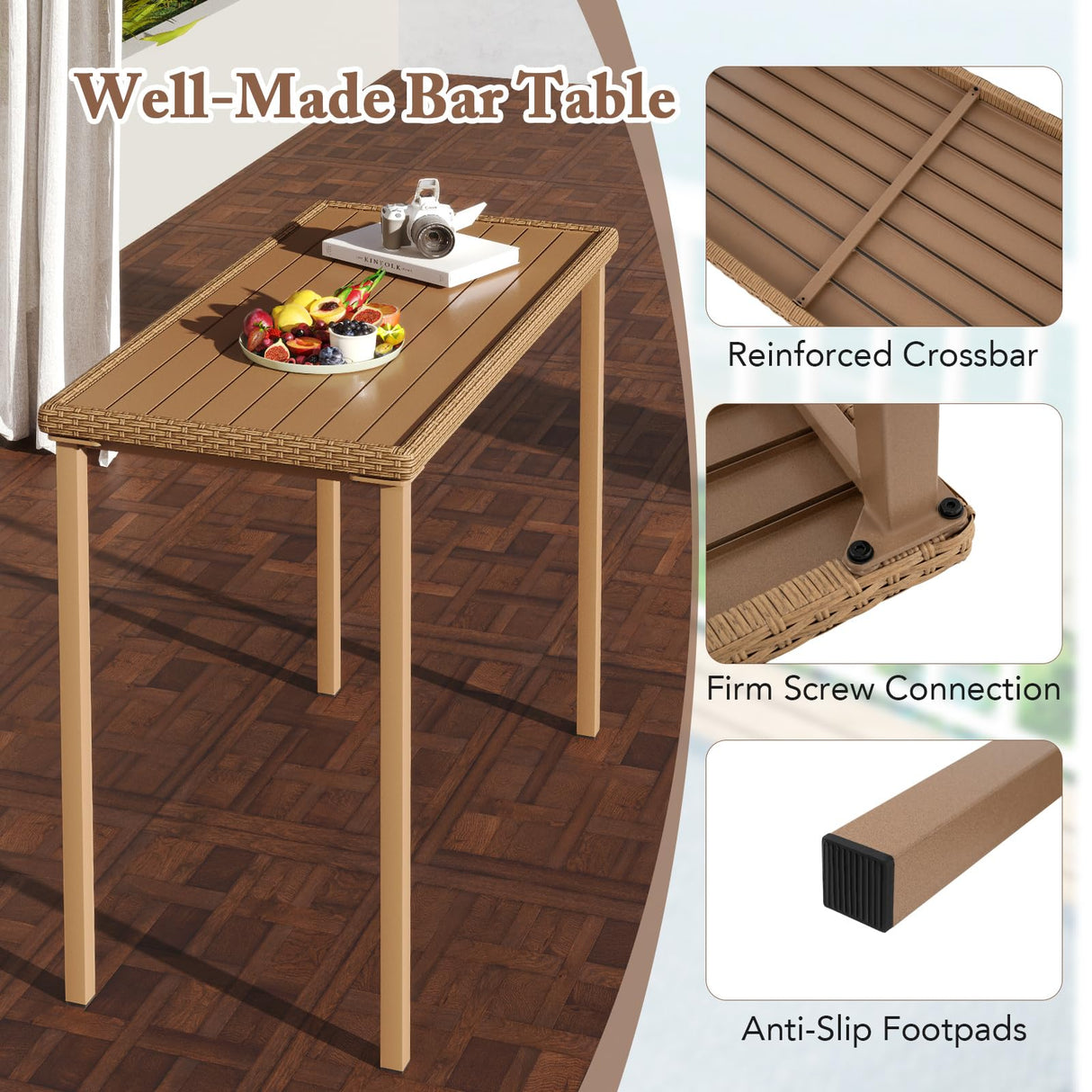 Tangkula Patio Bar Table, Heavy Duty Rectangle Metal Frame 48 Inches Outdoor Counter Height Table, for Backyard, Poolside, Balcony, Lawn Tangkula