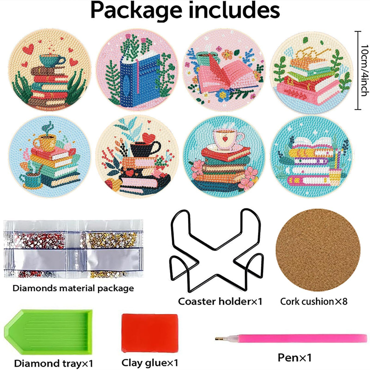 8 Pcs Book Diamond Art Coasters Kit for Adults, Book Lovers Wooden Coffee Diamond Painting Coasters with Holder, 5D Gem Art Dots Painting Coaster With Cork Pads - Crafts Supplies for Home Decor Fotasmua