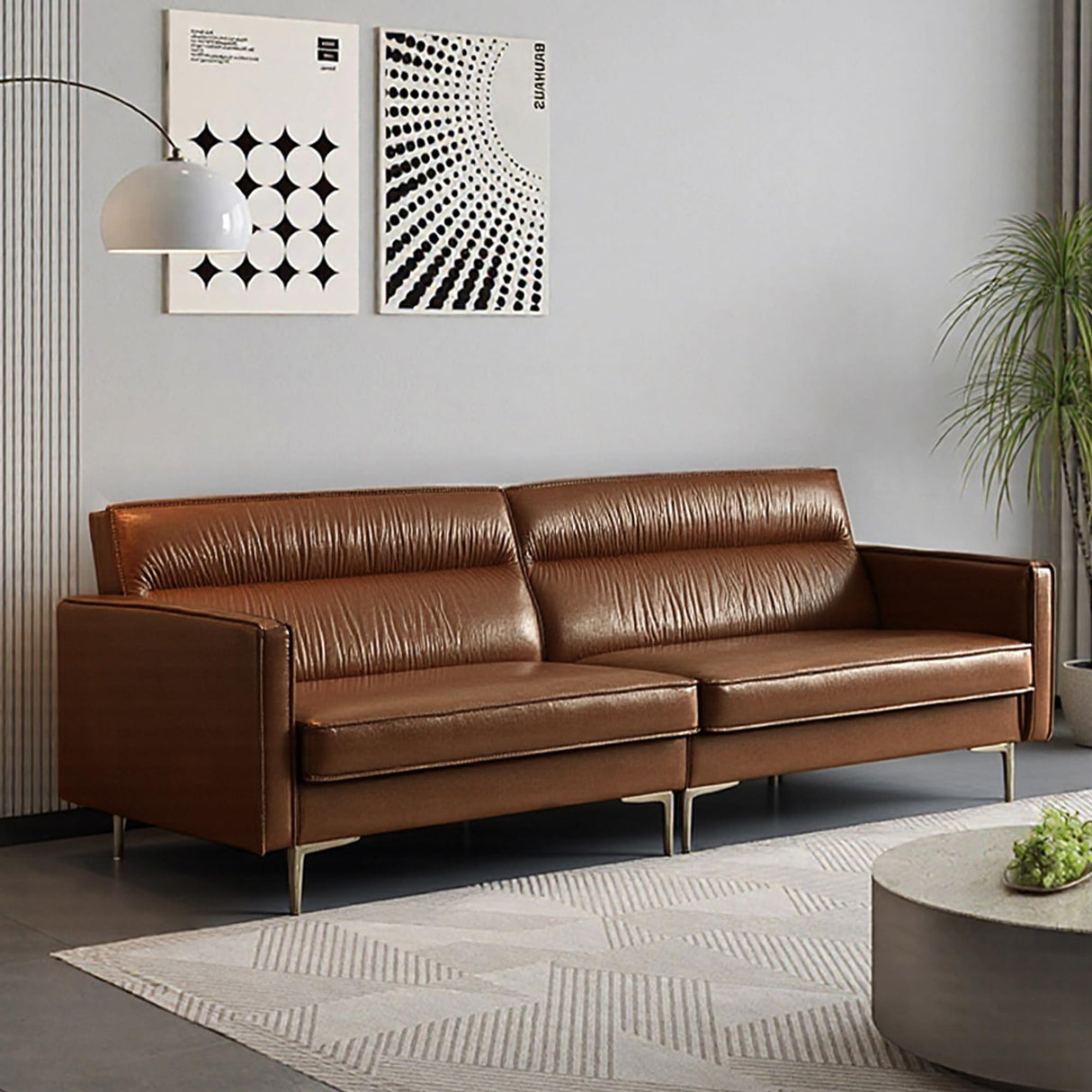 Mid-Century 3-Seater Leather Sofa with Removable Backrest and Cushions, Vintage Modern Lounge Couch for Office, Apartment, Living Room, Bedroom, with Sturdy Metal Legs - 86.61 Inches, Brown NessCarsti