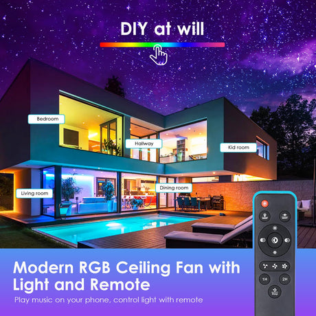 Ceiling Fans with Lights - Modern Flush Mount Ceiling Fan,16" RGB Dimmable LED Enclosed Ceiling Fans,Low Profile Bladeless LED-RGB Ambient Light for Bedroom Kids Room Party（Black） Mpayel