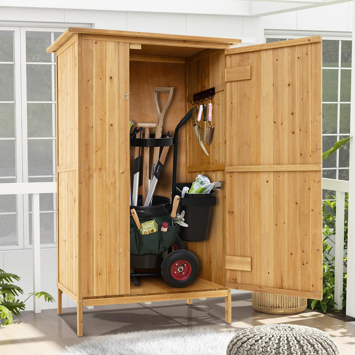 Goplus Outdoor Storage Cabinet, 5 × 3 FT Wooden Garden Shed with Asphalt Roof, 3 Shelves, Lockable Door, 5 Hanging Hooks, Outside Utility Tool Shed Organizer for Backyard, Patio, Deck, Natural Goplus