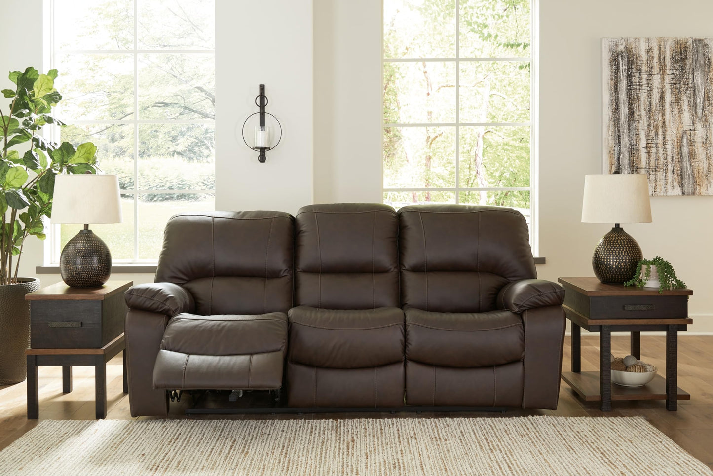 Signature Design by Ashley Leesworth Modern Leather Match Power Reclining Sofa with USB Ports, Dark Brown